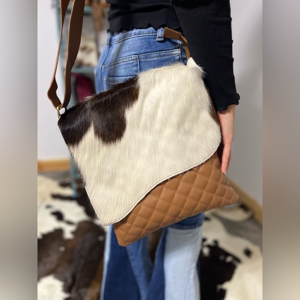 New Unique Genuine Cowhide & Quilted Leather Crossbody Flap Bag Western Boho